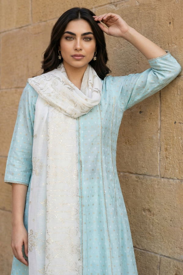 White Floral Foil Printed Georgette Dupatta