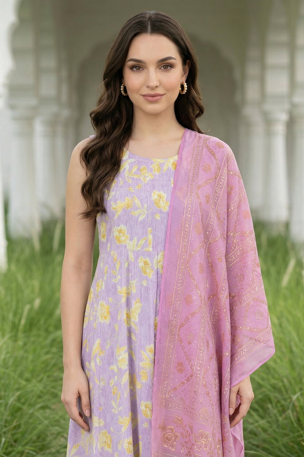 Light Pink Geometric Printed Chiffon Dupatta - FS