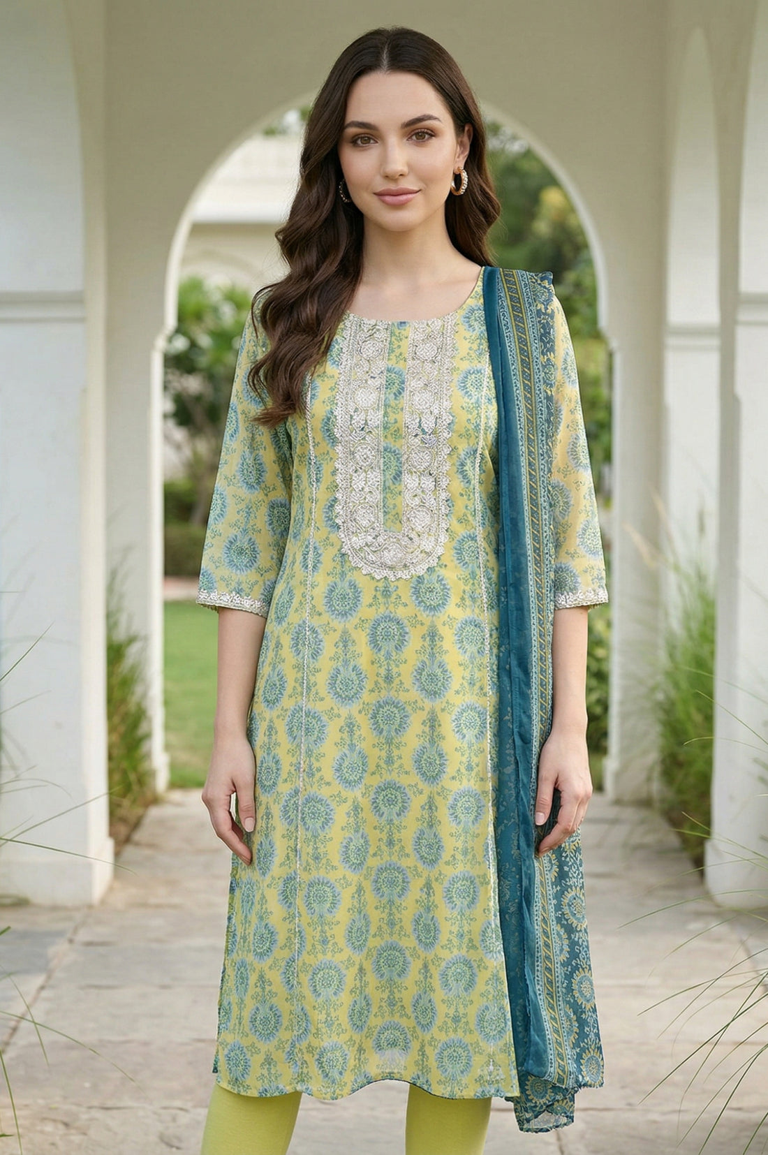 Teal Striped Foil Printed Dupatta