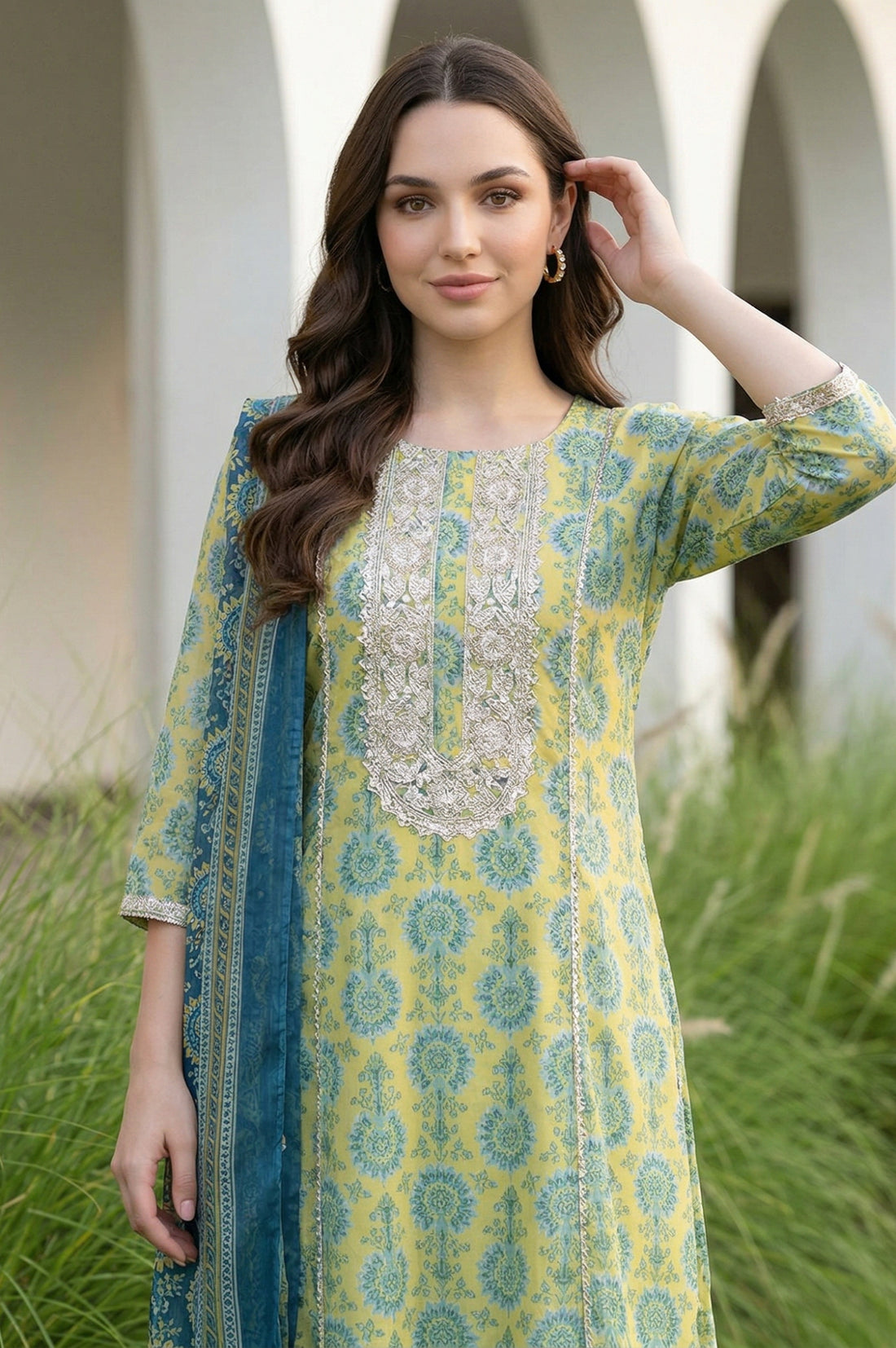 Teal Striped Foil Printed Dupatta