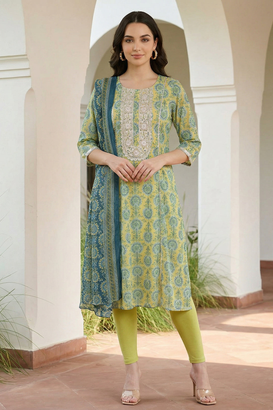 Teal Striped Foil Printed Dupatta