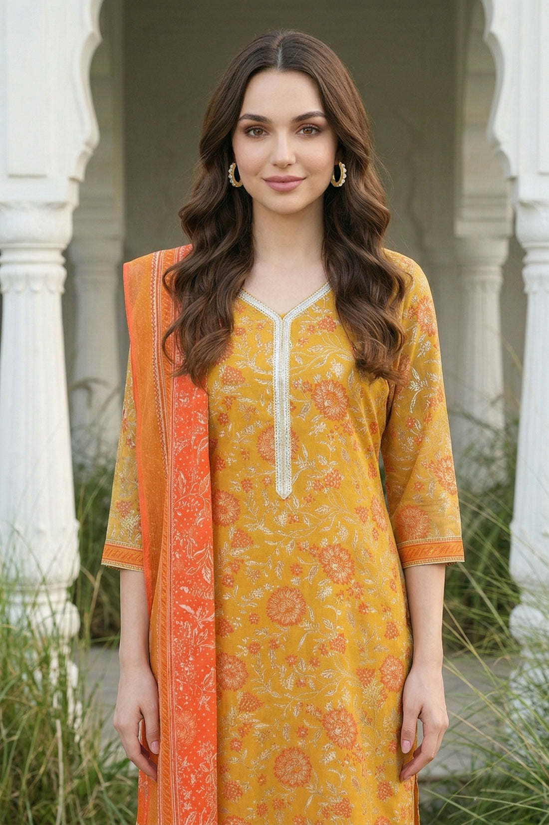 Orange Geometric Printed Chiffon Dupatta