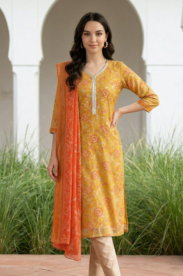 Orange Geometric Printed Chiffon Dupatta