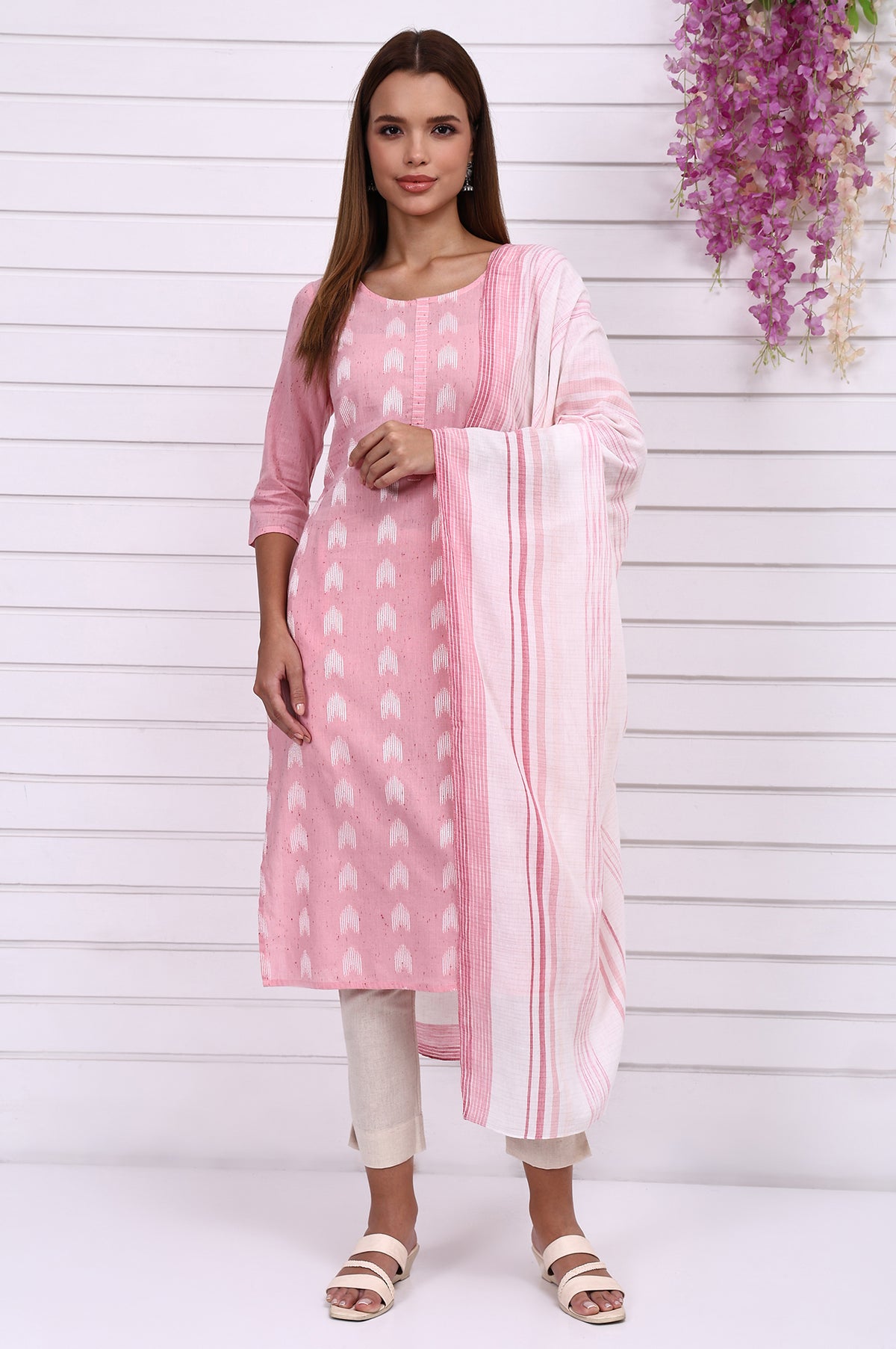 White Self Design Printed Cotton Dupatta - FS