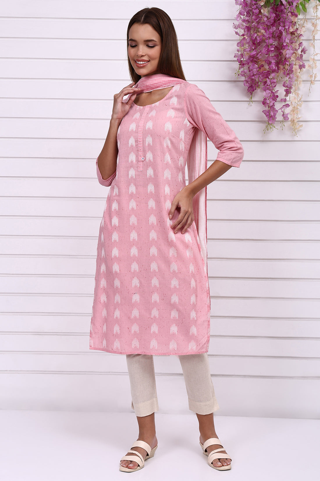 White Self Design Printed Cotton Dupatta