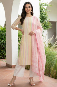 Pink Yarn Dyed Striped Pure Cotton Dupatta