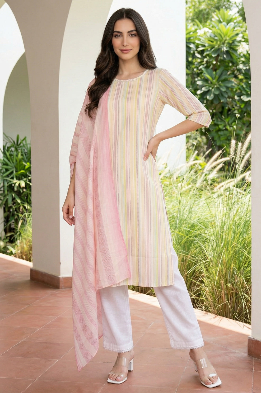 Pink Yarn Dyed Striped Pure Cotton Dupatta