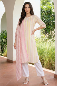Pink Yarn Dyed Striped Pure Cotton Dupatta