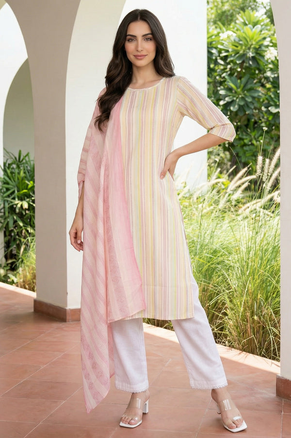 Pink Yarn Dyed Striped Pure Cotton Dupatta