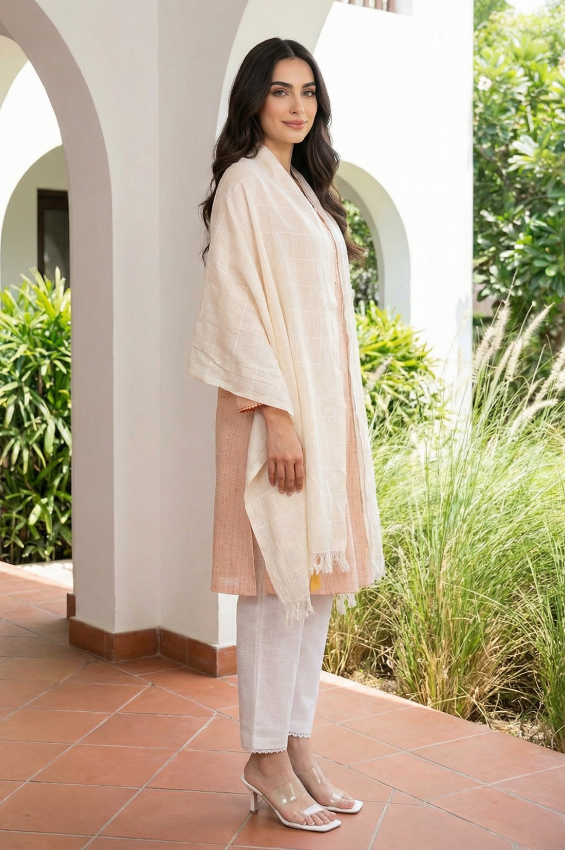 Off White Yarn Dyed Striped Pure Cotton Dupatta