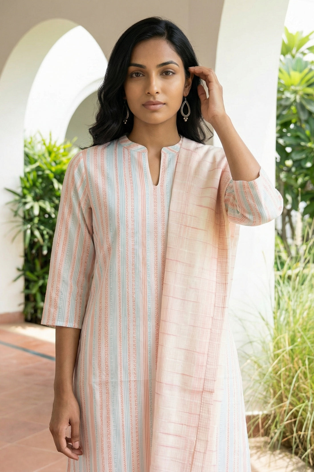 Peach Yarn Dyed Striped Pure Cotton Dupatta
