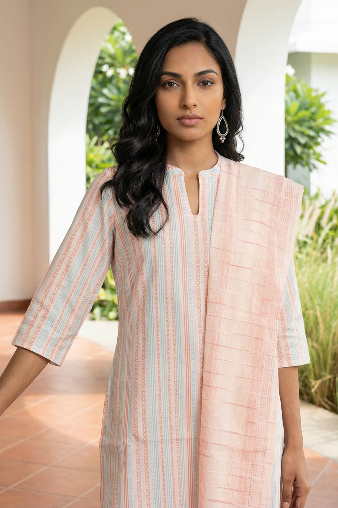 Peach Yarn Dyed Striped Pure Cotton Dupatta