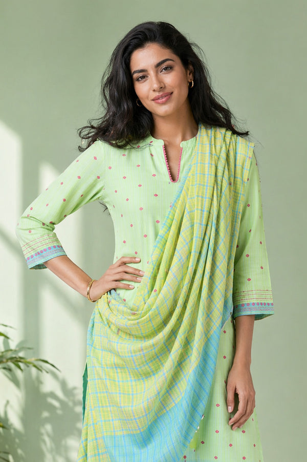 Aurelia Women's Mint Green Yarn Dyed Checked Cotton Blend Dupatta