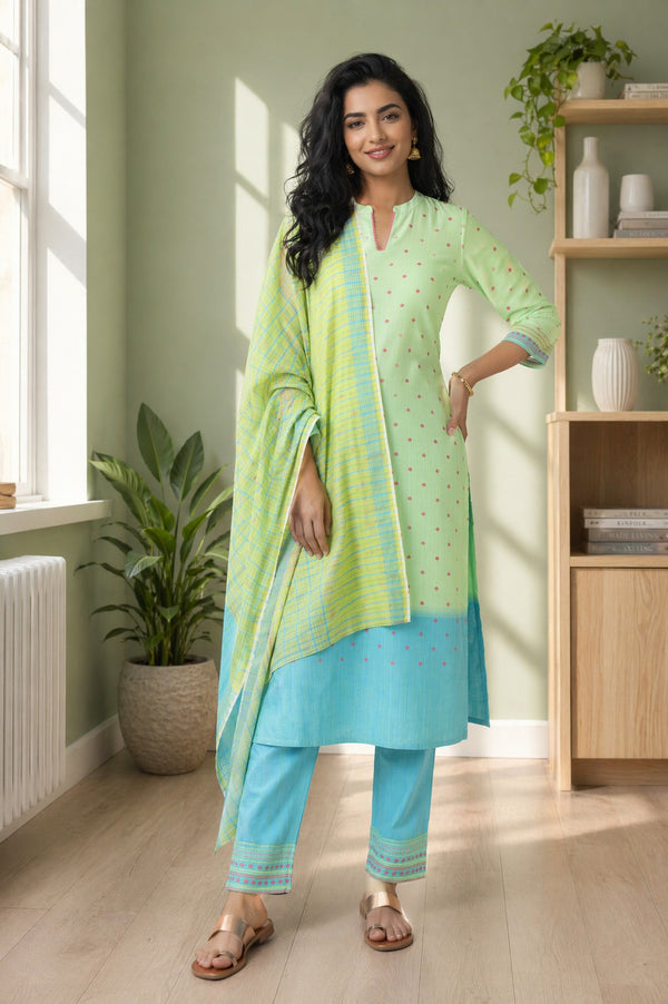 Aurelia Women's Mint Green Yarn Dyed Checked Cotton Blend Dupatta