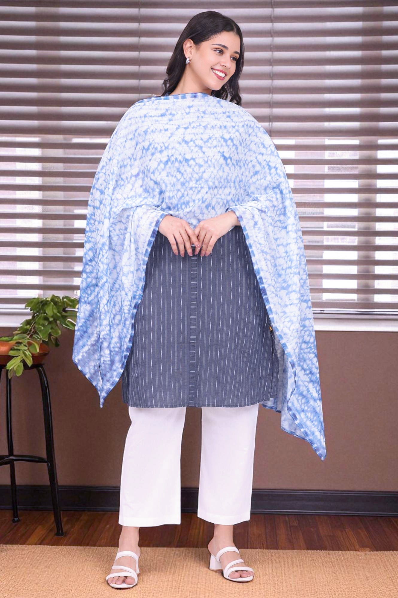 Buy Blue Shibori Printed Pure Cotton Stole Online for Woman | Shop