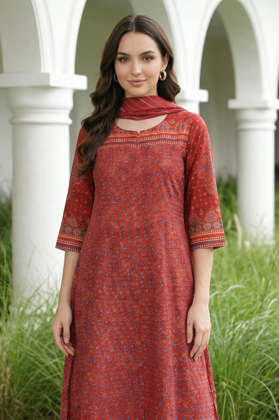 Maroon Stripe Printed Pure Cotton Stole