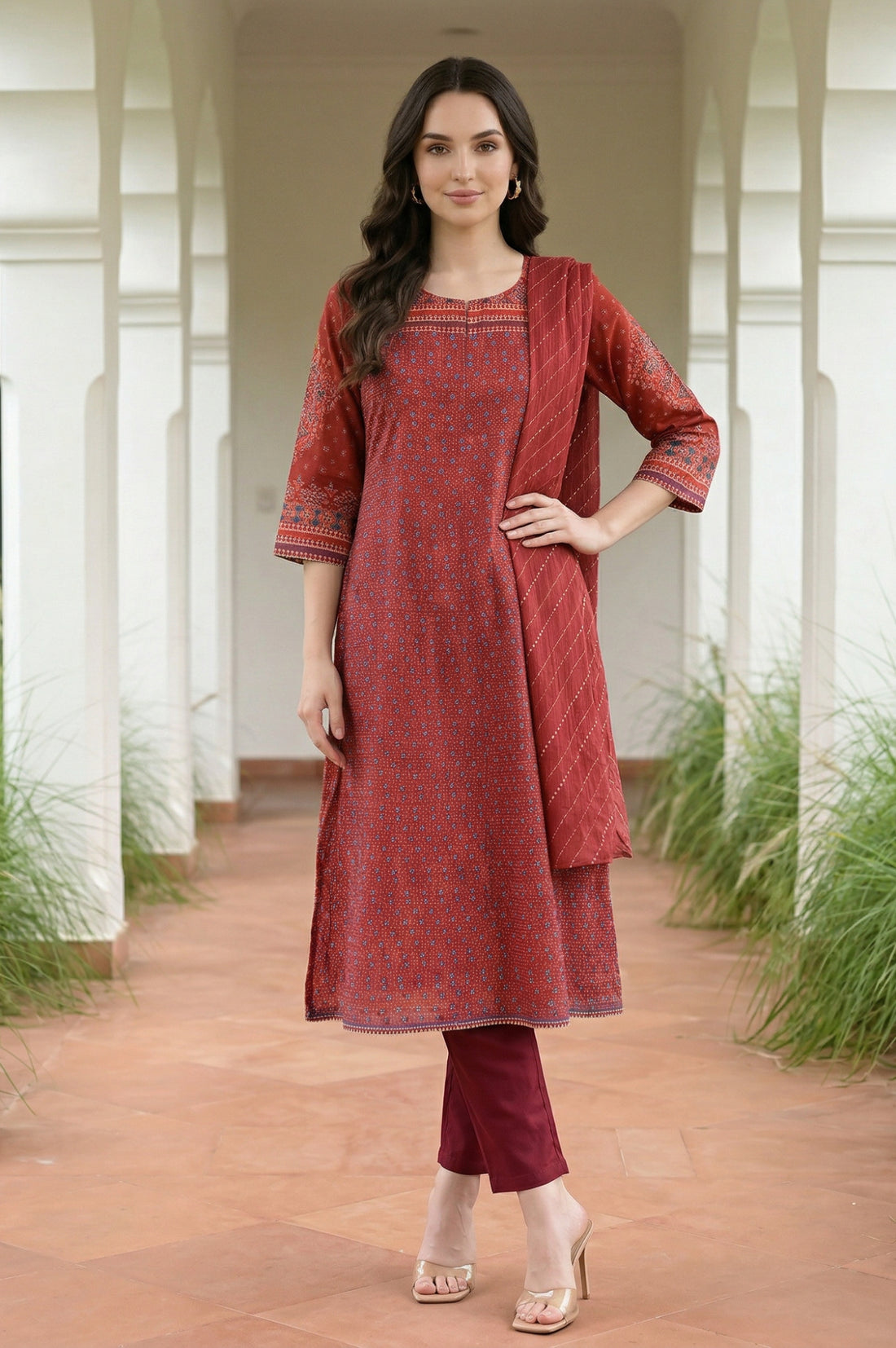 Maroon Stripe Printed Pure Cotton Stole
