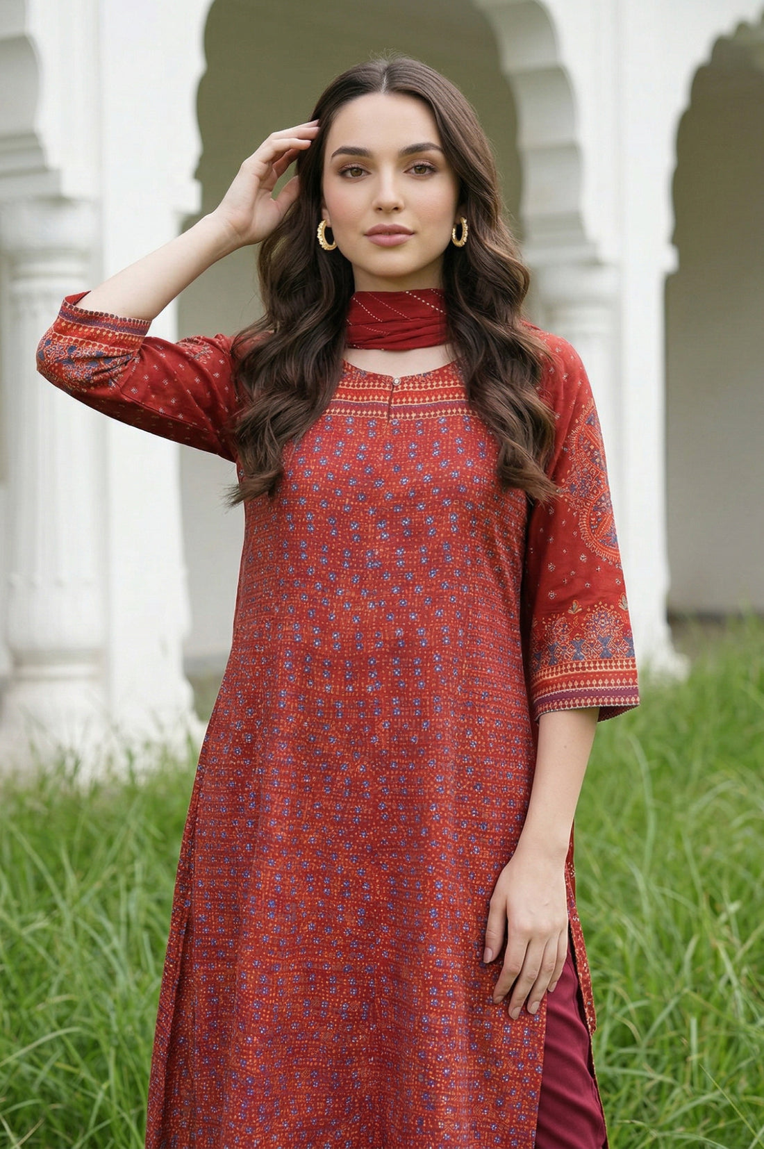 Maroon Stripe Printed Pure Cotton Stole