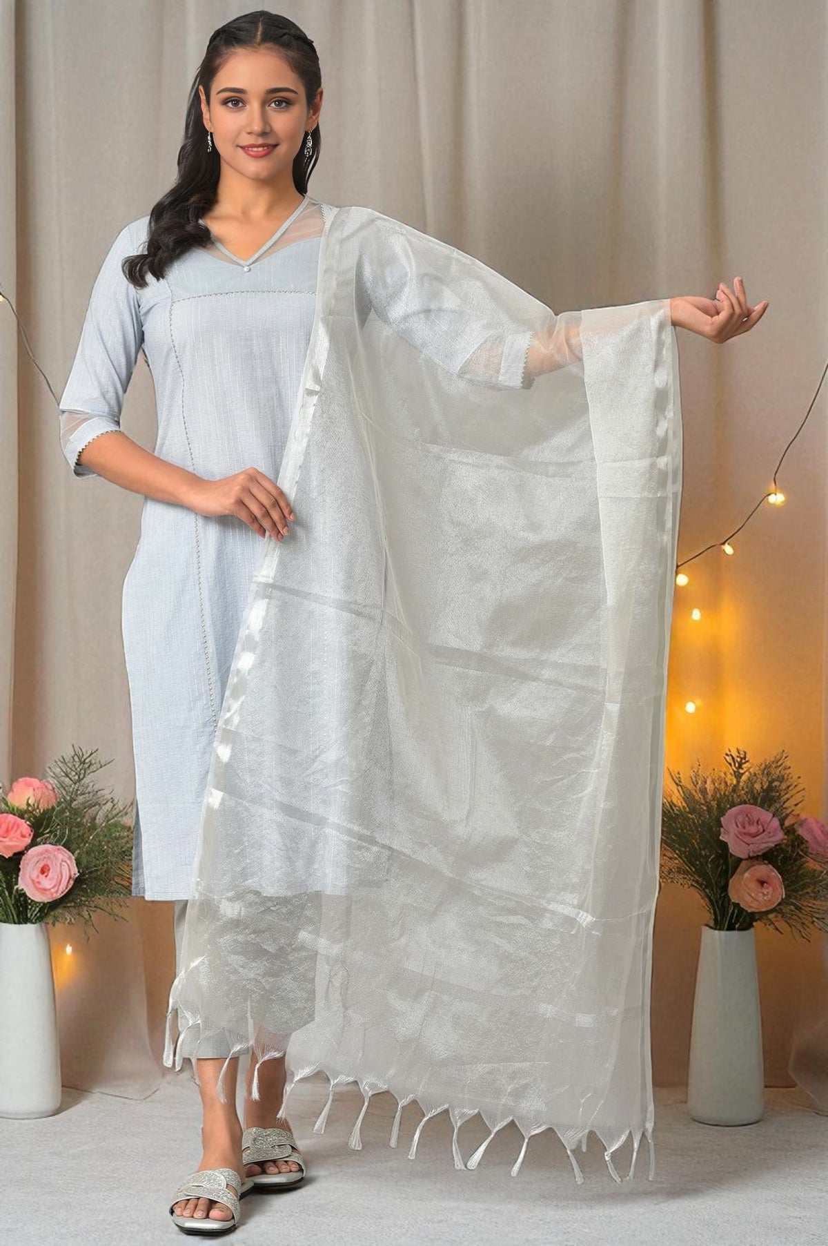 Silver Solid Yarn-Dyed Tassel Rectangular Zari Dupatta - Free Size