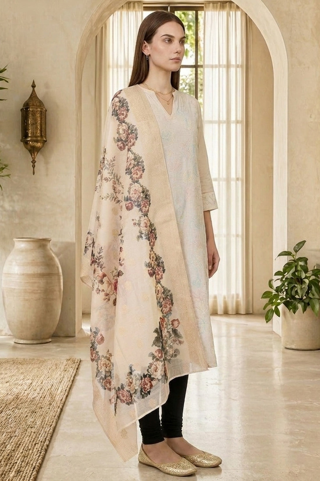 Cream Floral Printed Jacquard Dupatta