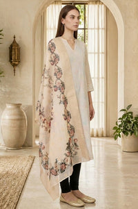 Cream Floral Printed Jacquard Dupatta