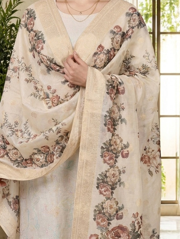Cream Floral Printed Jacquard Dupatta