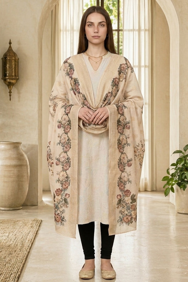 Cream Floral Printed Jacquard Dupatta