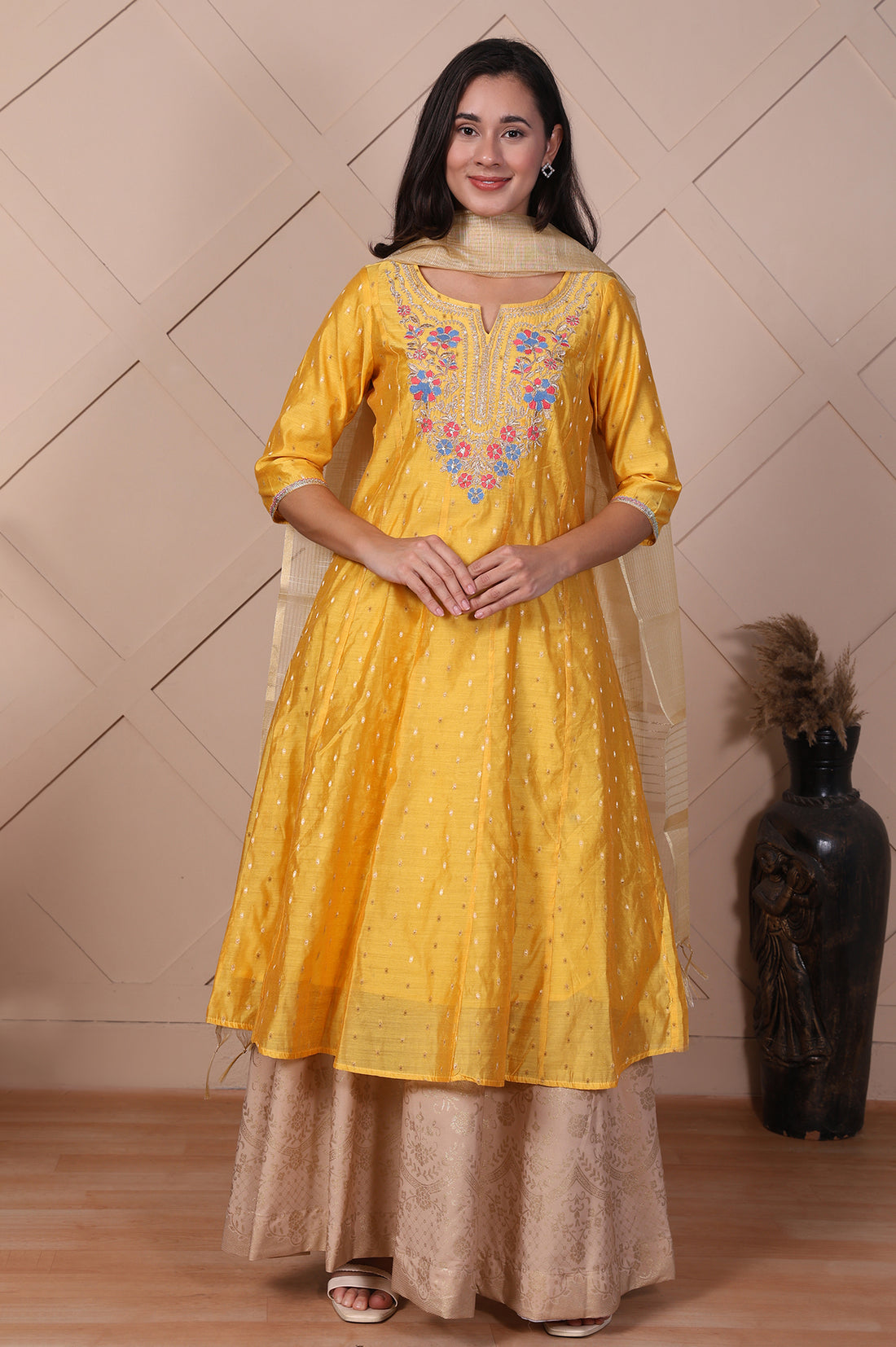 Beige Textured Cotton Blend Dupatta