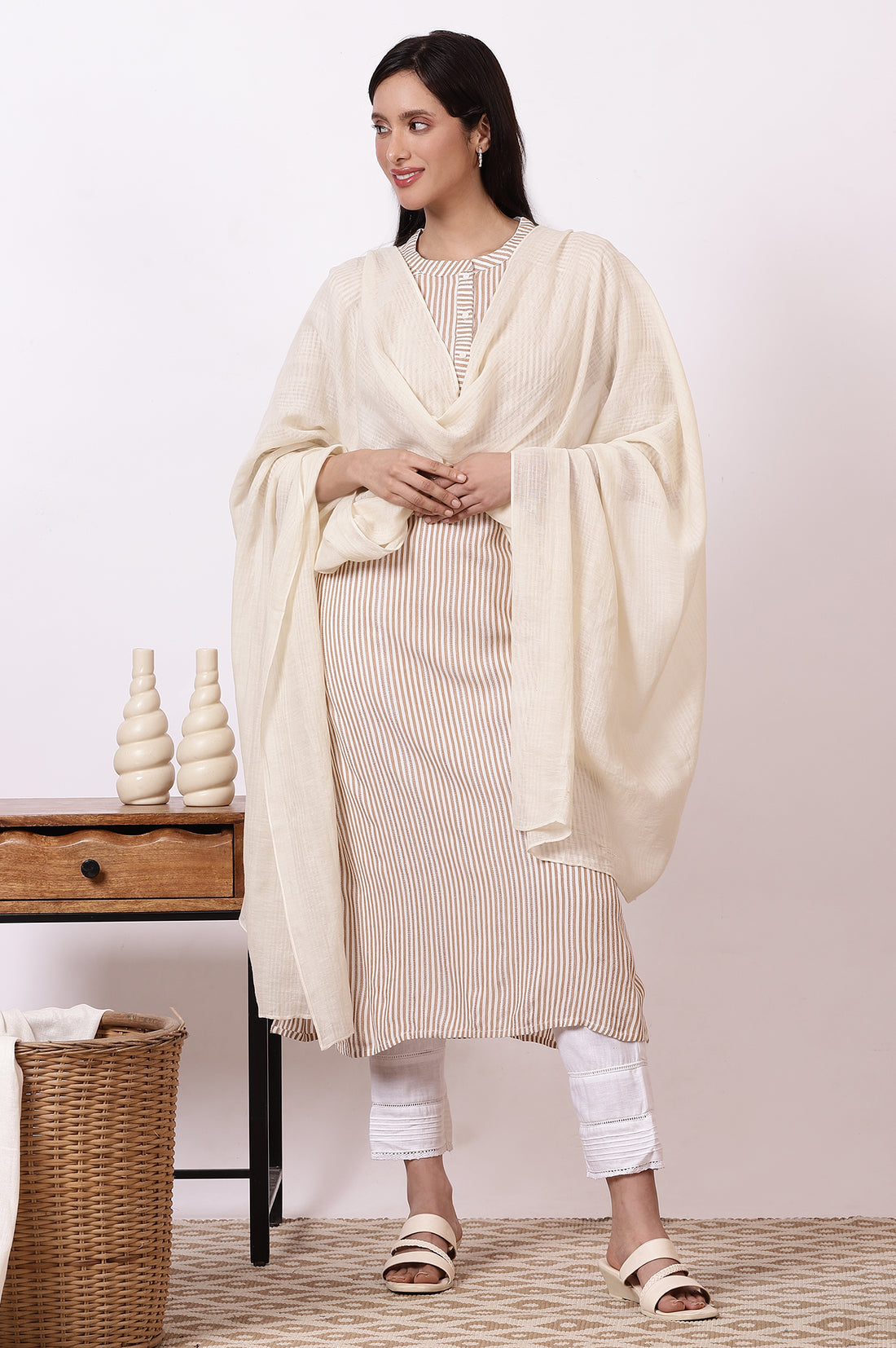 Cream South Cotton Stripe Dupatta