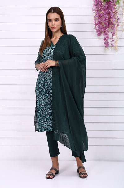 Green Self Design Printed Pure Cotton Dupatta