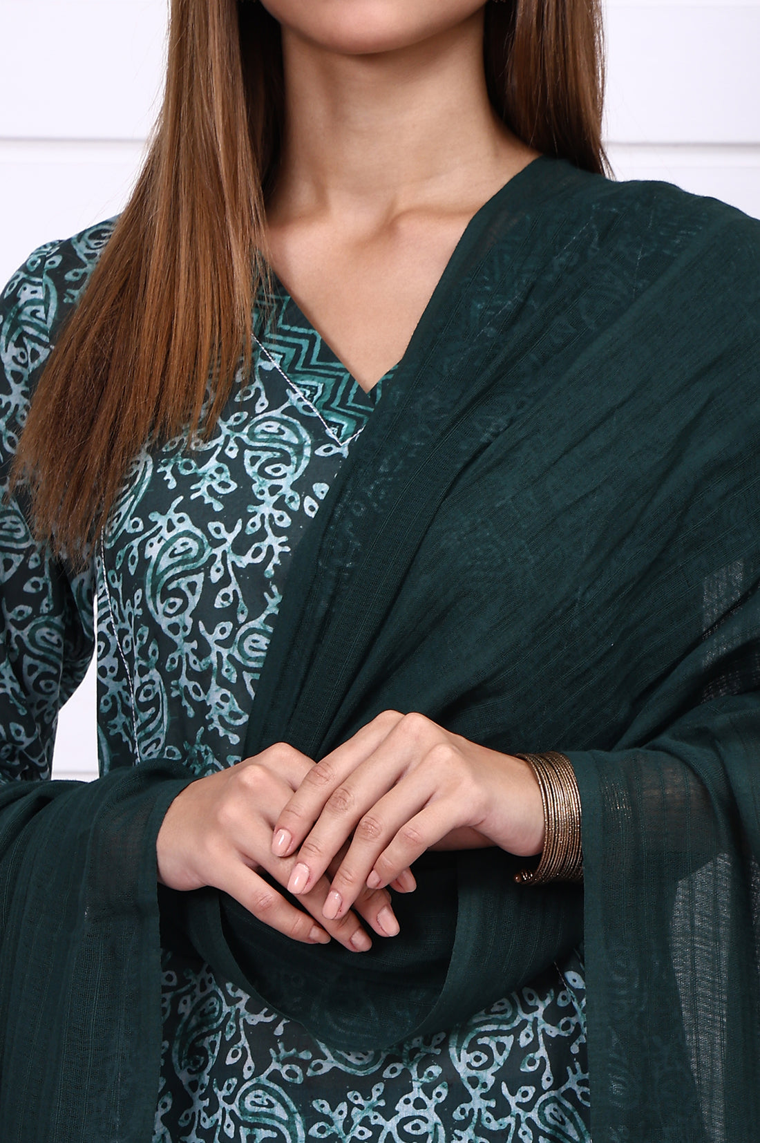 Green Self Design Printed Pure Cotton Dupatta