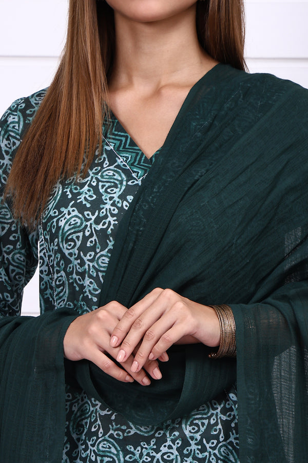 Green Self Design Printed Pure Cotton Dupatta