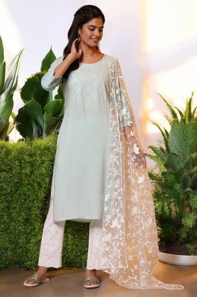 White Embroidered Net Dupatta
