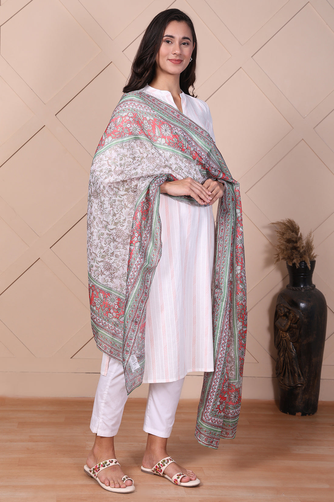 White Floral Printed Dupatta