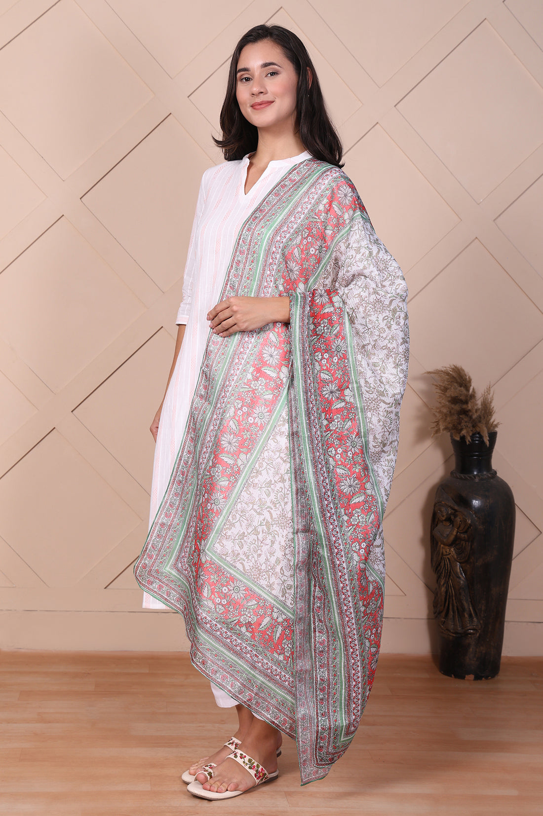 White Floral Printed Dupatta