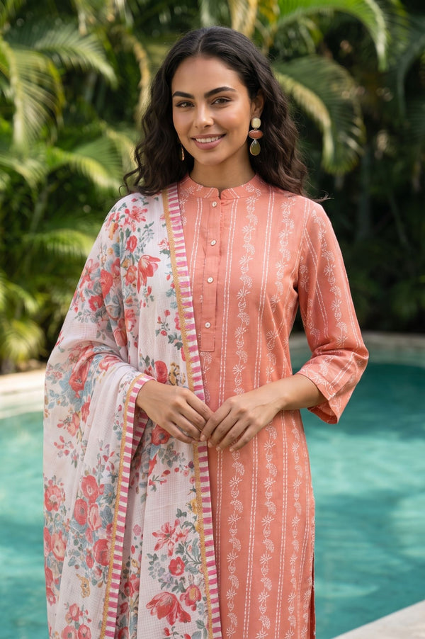 Off White Floral Printed Kota Dupatta