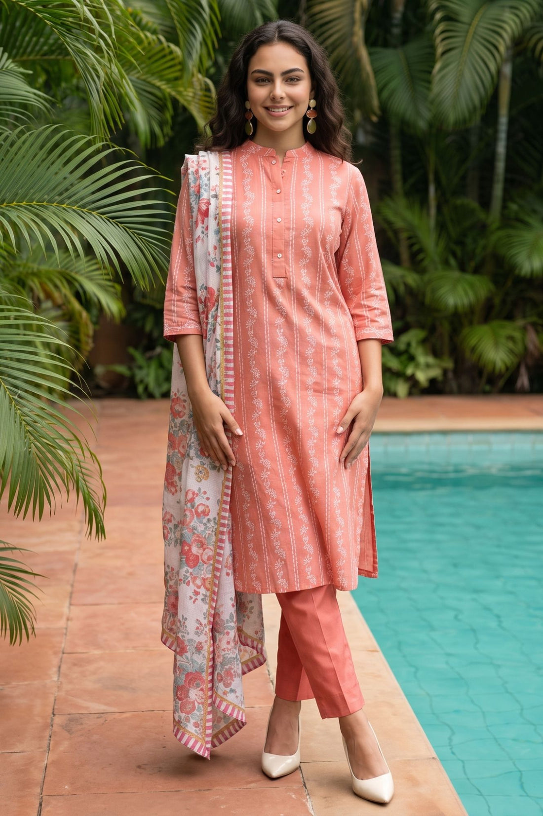 Off White Floral Printed Kota Dupatta