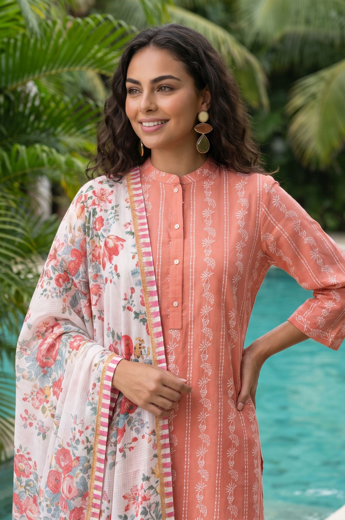 Off White Floral Printed Kota Dupatta