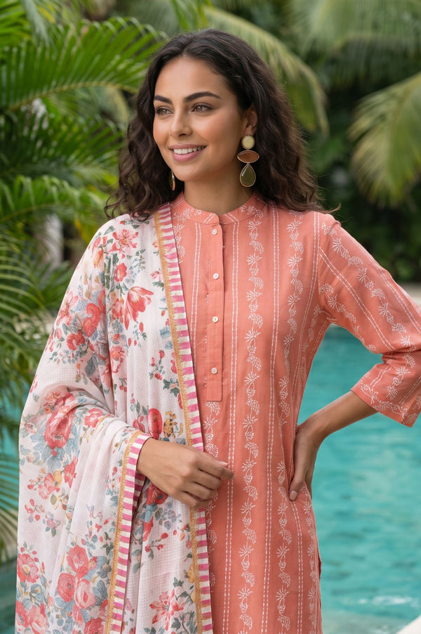Off White Floral Printed Kota Dupatta
