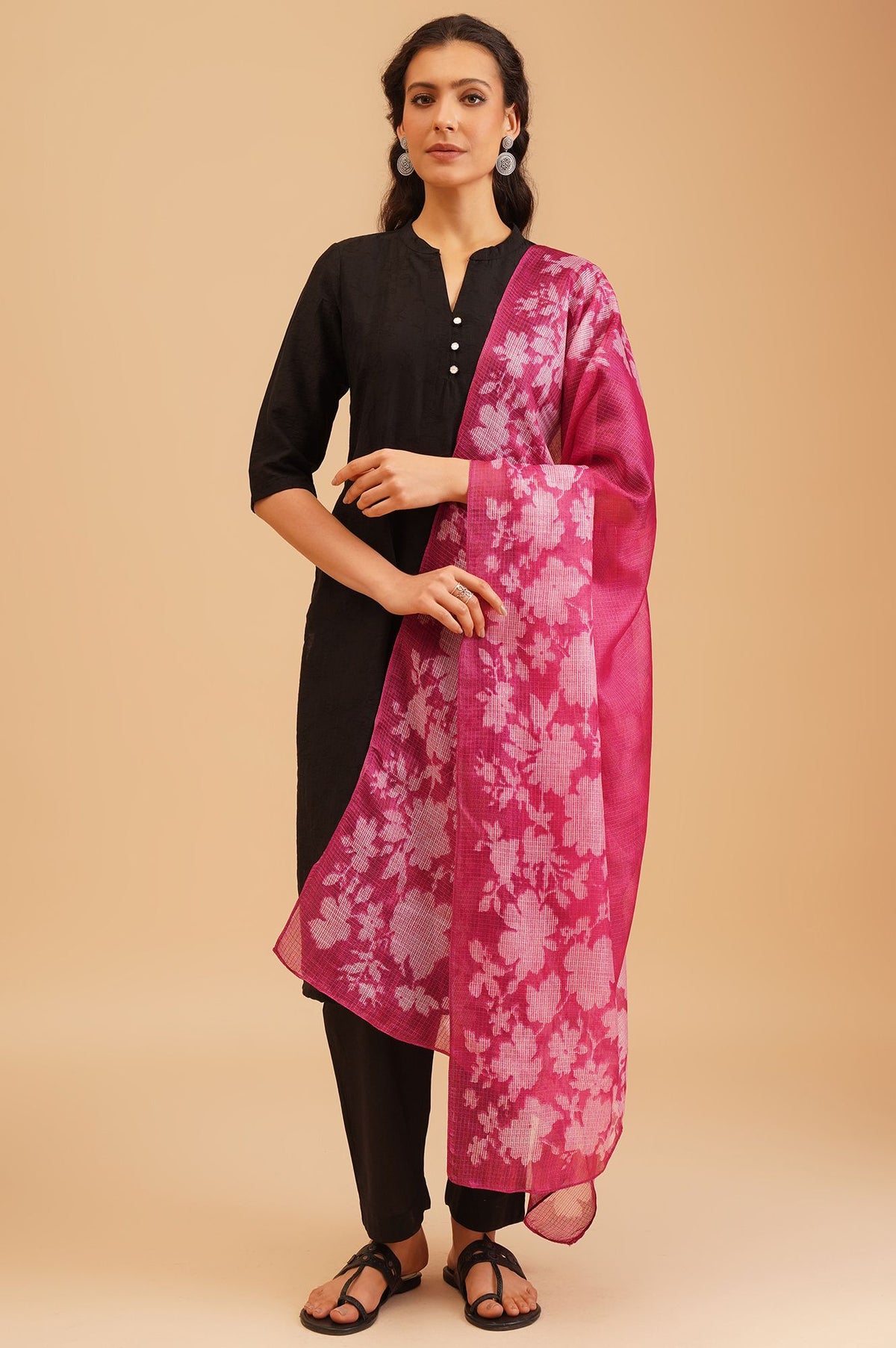 Magenta Floral Printed Kota Dupatta - FS