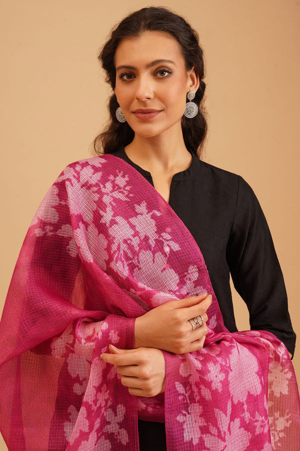 Magenta Floral Printed Kota Dupatta
