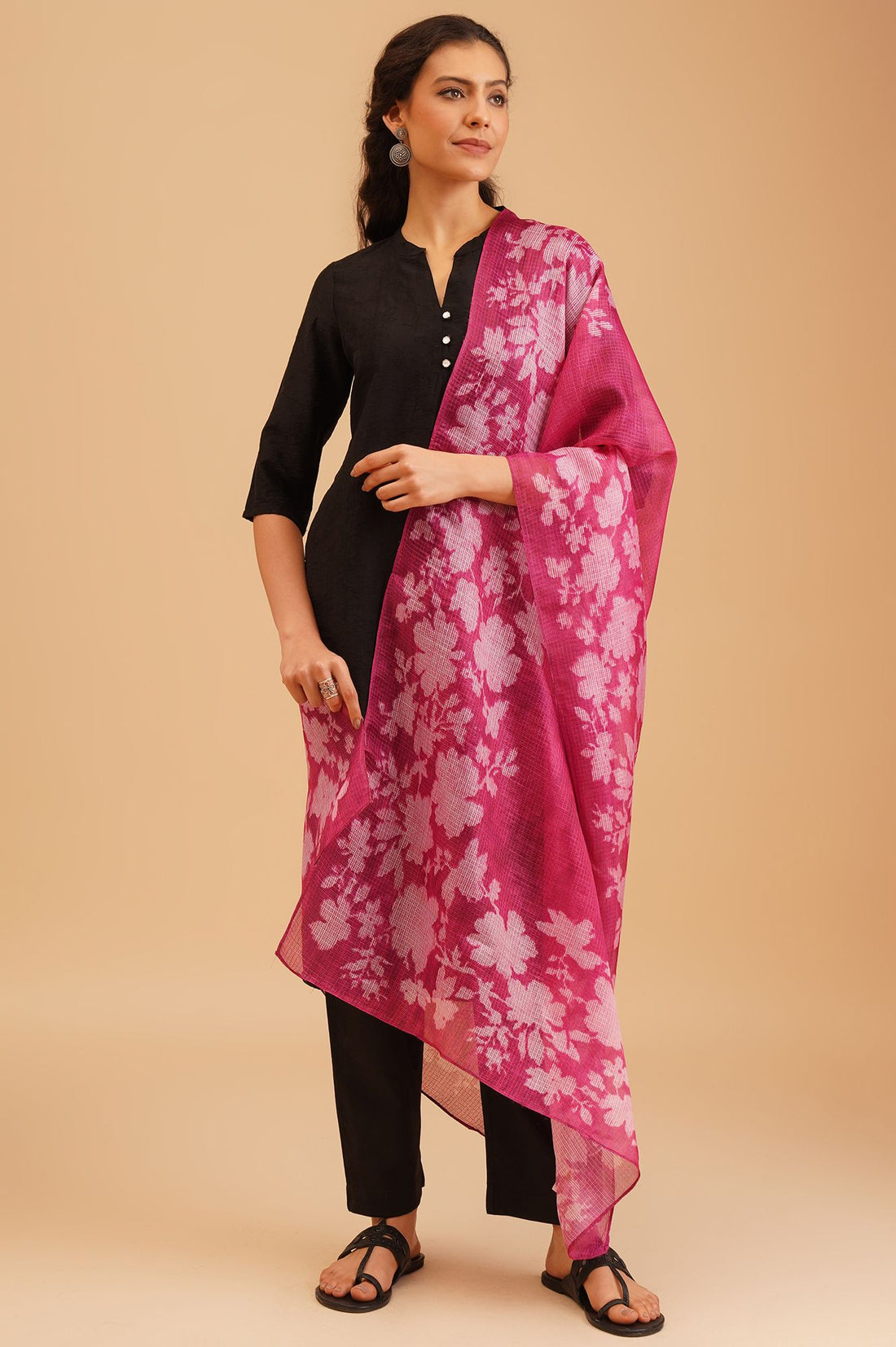 Magenta Floral Printed Kota Dupatta