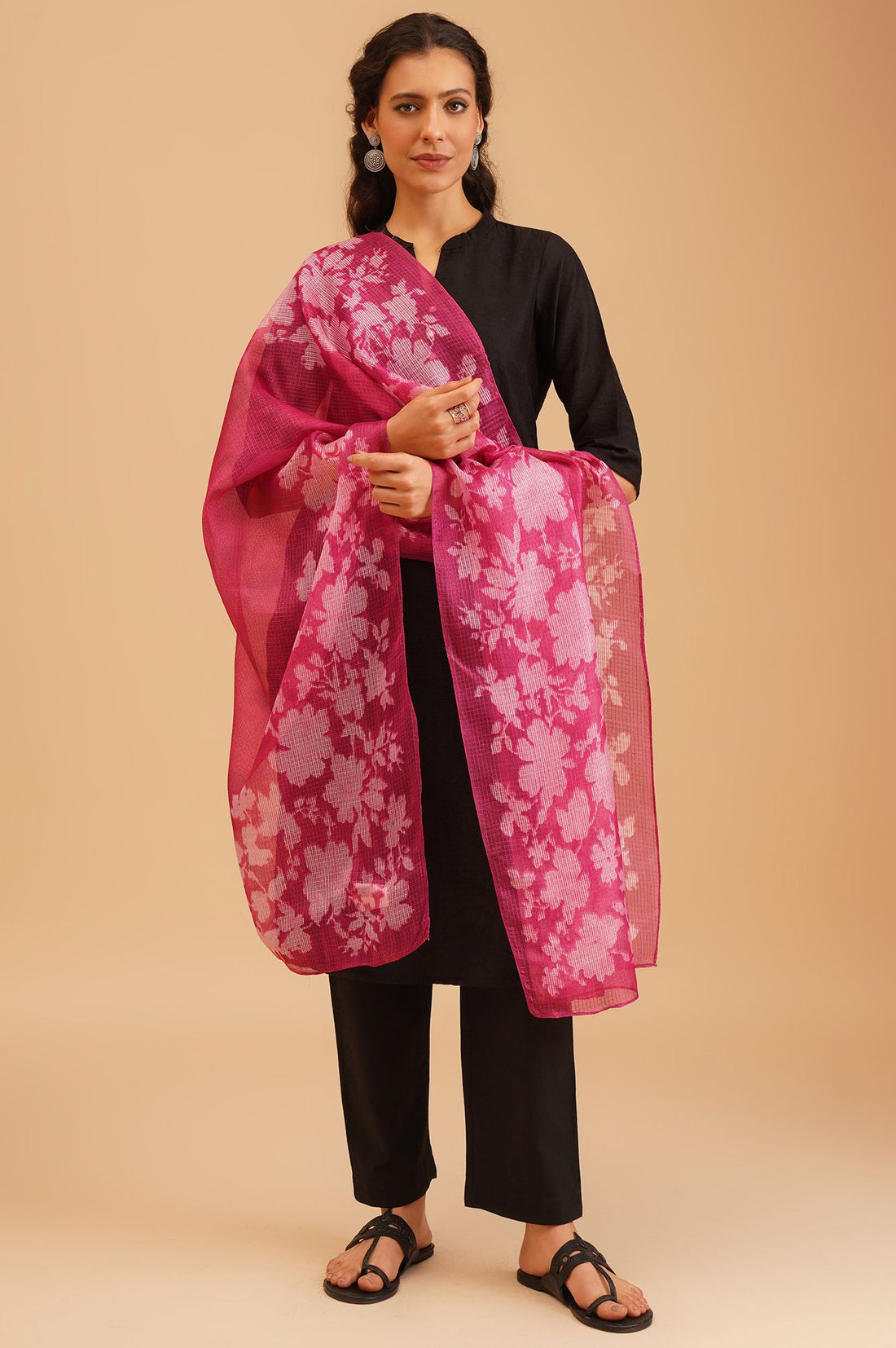 Magenta Floral Printed Kota Dupatta