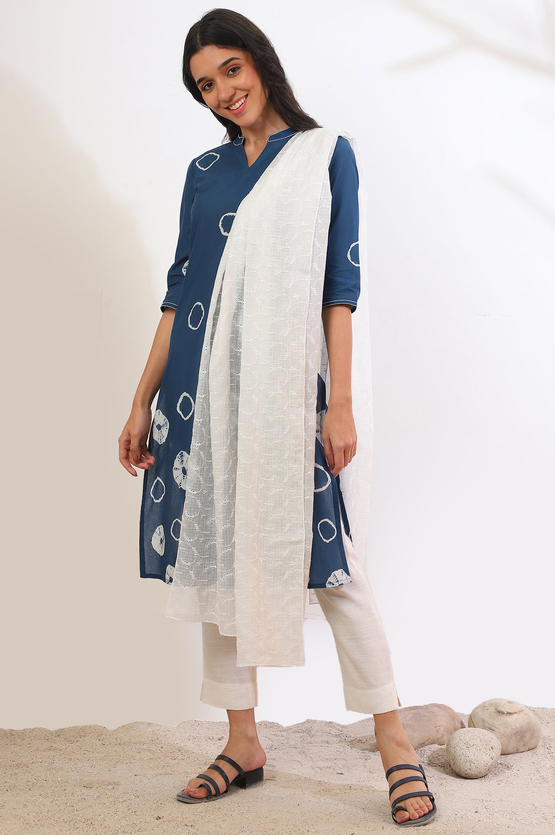 White Embroidered Schiffli Kota Dupatta