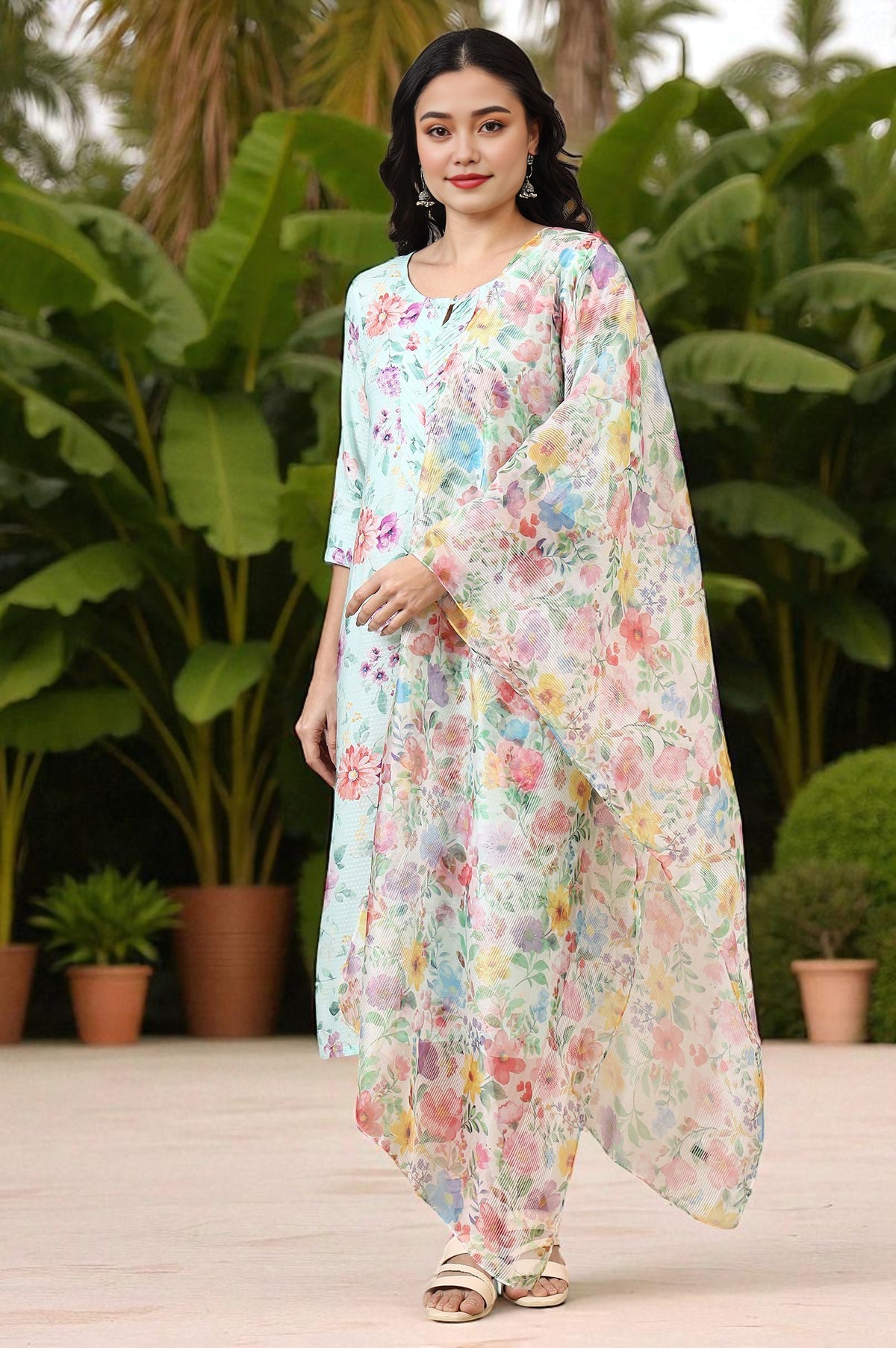 Multi-coloured Floral Printed Organza Dupatta - Free Size