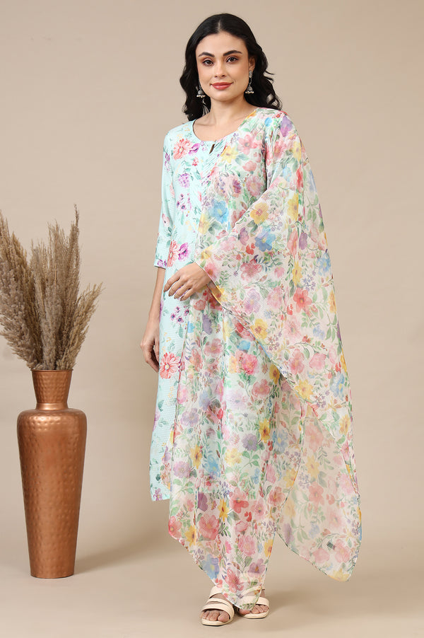 Multi-coloured Floral Printed Organza Dupatta