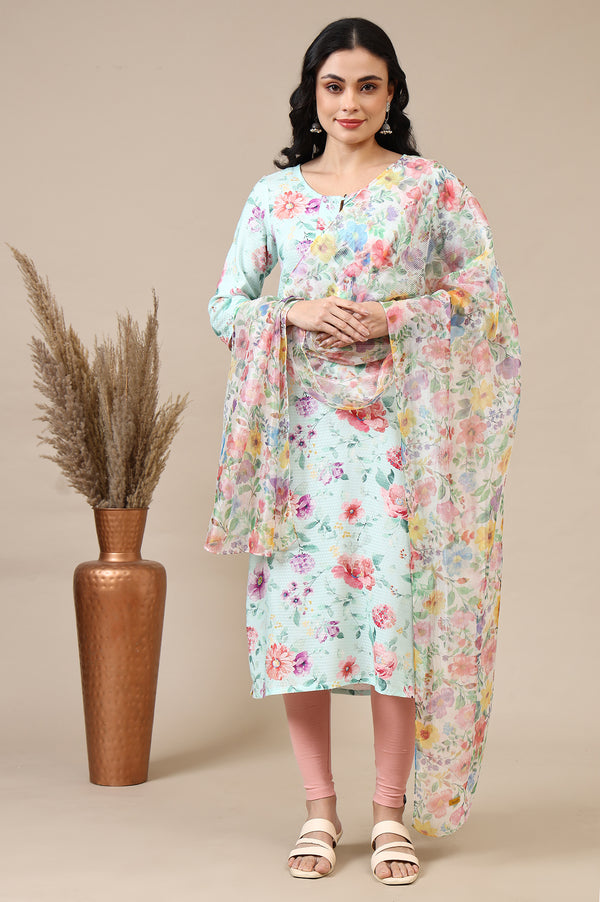 Multi-coloured Floral Printed Organza Dupatta