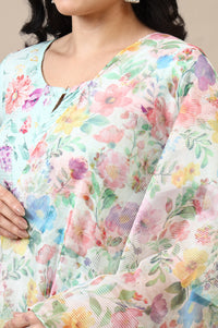 Multi-coloured Floral Printed Organza Dupatta