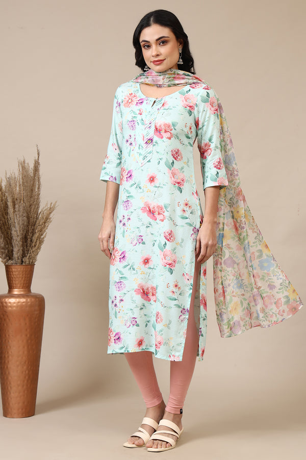 Multi-coloured Floral Printed Organza Dupatta