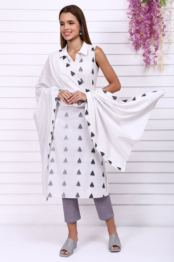 Grey Striped Printed Cotton Stole